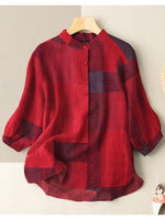 LinkMejor Plus Size Loose Fit Check Print Button Stand Collar 3/4 Sleeve Cotton Linen Women Blouse