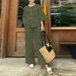 LinkMejor Women Vintage Crew Neck Long Sleeve Tops Elastic Waist Wide-Legged Pants Sets