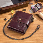 LinkMejor Cow Leather Men Wallet Short with Chain Multi Card Slot Double Zipper Business Retro Coin Purse Holder Credit Card Organizer Stylish Male Money Clutch Bags