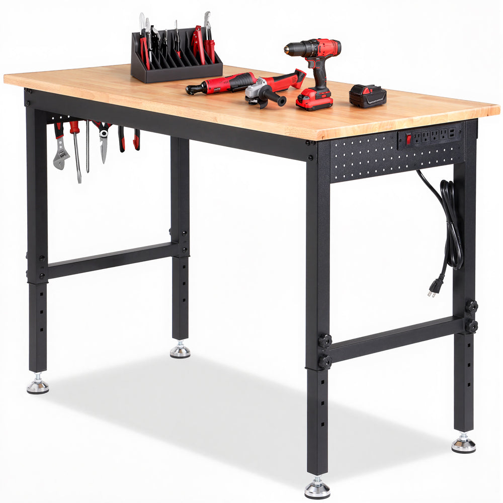 LinkMejor 48" Adjustable Heavy Duty Workbench 2000 LBS Load Capacity Rubberwood Work Table with Pegboard Power Outlets Work Bench for Garage Workshop Office Home Commercial