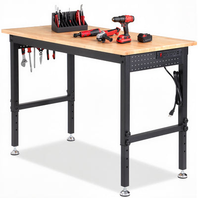 LinkMejor 48" Adjustable Heavy Duty Workbench 2000 LBS Load Capacity Rubberwood Work Table with Pegboard Power Outlets Work Bench for Garage Workshop Office Home Commercial