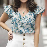 LinkMejor Women's Blouse Vintage Shirt Summer Ruffle Short Sleeve V-Neck Floral Loose Hot Selling Style Top Pullover