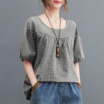 LinkMejor Women Plaid Blouses Shirt Trendy Casual Round Neck Top with Pleats Short Lantern Sleeves Shirt Loose Fit