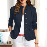 LinkMejor Womens Fashion Button Down Front Side Pocket Outwear Casual Long Sleeve Stand Collar Jackets