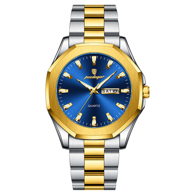 LinkMejor Fashion Waterproof Business Quartz Watch Calendar Week Luminous Stainless Steel Strap Men Wristwatch