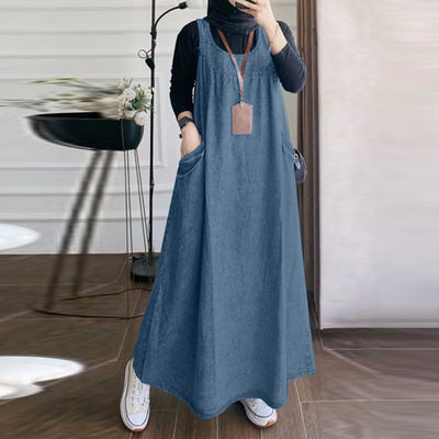 LinkMejor Women Fashion Denim Overalls Dress Summer Sleeveless Casual Loose Sundress Solid Color Maxi Dress With Pockets