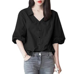 LinkMejor Women's Blouse Commute New Fashion Lantern Sleeve V-Neck Lapel Solid Office Top Shirt
