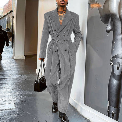 LinkMejor Men Jumpsuits Corduroy double-breasted Suit Collar Long-sleeved Casual One-piece Suit for Men with Side Pockets