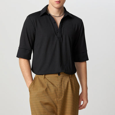 LinkMejor Mens Solid Textured Casual Short Sleeve Shirt Fashion V-neck Lapel Top for Male