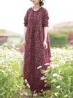 LinkMejor Women Floral Print O-Neck Long Sleeve Bohemian Holiday Maxi Dress With Pocket