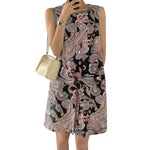 LinkMejor Women's Bohemian Printed Round Neck Pleated Sundress Loose Sleeveless Midi Dress