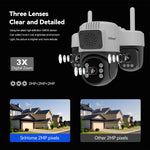 SriHome SH073 6MP 3X Zoom WIFI PTZ Security Camera 360° Coverage Full-Color Night Vision Human Motion Two-Way Audio Sound&Light Alarm IP66 Waterproof Dual-Band WIFI Surveillance Camera for Outdoor Safety