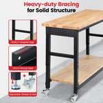 LinkMejor Adjustable Height Workbench 60 Inch 2000 Lbs Capacity Rubberwood Top Storage Shelf Dual Pegboards Built-In Power Strip H-Frame Garage Work Table