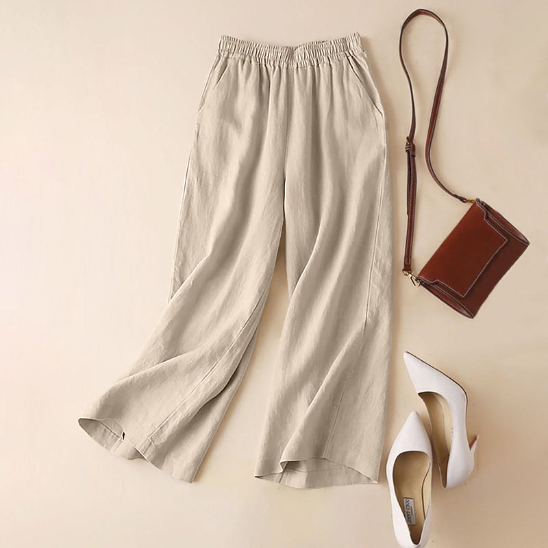 LinkMejor Women Cotton Elastic Waist Solid Color Long Pants Casual Loose Straight Trousers