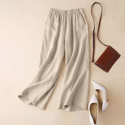 LinkMejor Women Cotton Elastic Waist Solid Color Long Pants Casual Loose Straight Trousers