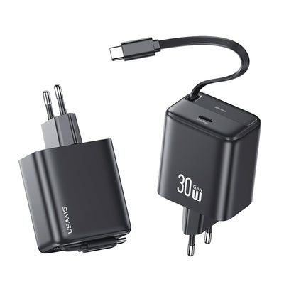 [GaN Tech] USAMS CC241 30W 2-Port USB Charger Built-in Type-C Telescopic Cable PD QC Fast Charging Wall Charger Adapter EU Plug for iPhone 16 16 Pro 15 Pro Max for Samsung Galaxy Z Flip6 for Xiaomi MIX Fold4