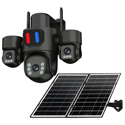 LinkMejor 6MP HD Solar Powered Three Lens Security Camera 4G 360° Panoramic View Color Night Vision Red Blue Alarm Weatherproof AI Human Detection Wireless Outdoor Surveillance Camcorders