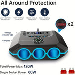 120W Car Charger Adapter 7 in 1 4 USB 3 Socket Splitter Charge Independent Switches DC Outlet Voltage Display With Compass