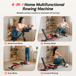 LinkMejor 4 in 1 Foldable Rowing Machine with LCD Monitor 4 Levels & 4 Heights 120kg Capacity Adjustable Ab Trainer Silent Slides Workout Rower Home Gym Equipment for Full-Body