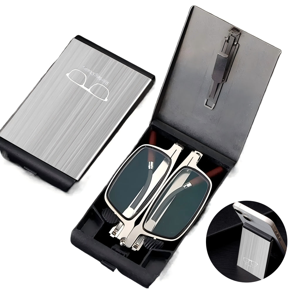2 in 1 Portable Folding Reading Glasses with Metal Glasses Case Mobile Phone Holder HD Anti-Fatigue Anti-blue Light Presbyopic Glasses