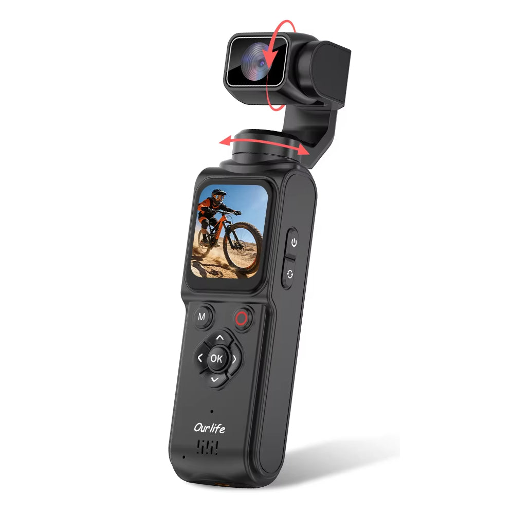 Ourlife 4K Handheld Action Camera 330 Degree Face Tracking Gimbal Stabilizer 64MP Pocket Digital Camera 1.72 Inch Touch Screen WiFi Sports Cam