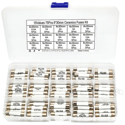 75PCS Ceramic Fuse Kit 6x30mm 15A Ratings 0.5A to 30A Electrical Replacement Fuses Heat Resistant Multipurpose Fuses for Household Electronics Industrial Use