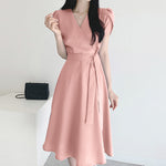 LinkMejor Womens Puff Sleeve V Neck Belted A Line Midi Dress Party Gown Long Dresses