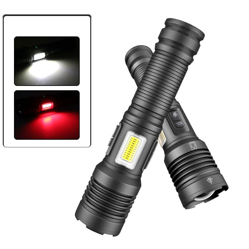 6502B  XHP70 Super Bright Zoomable Power Bank LED Flashlight with COB Side Light Hunting Red Blue Light USB Rechargeable Lighting Electric Lamp Outdoor Fishing Camping Torch