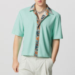 LinkMejor Mens Textured Patchwork Cropped Short Sleeve Shirt Comfortable Fashion Solid Printed Edge Lapel Top