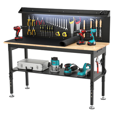 LinkMejor 2 Tier 60" Heavy Duty Work Bench Adjustable Height Max Load 3000 LBS with Storage Shelf for Garage Workbench Rubberwood Desktop with Pegboard LED Light Built-in Power Strip for Woodworking Shop