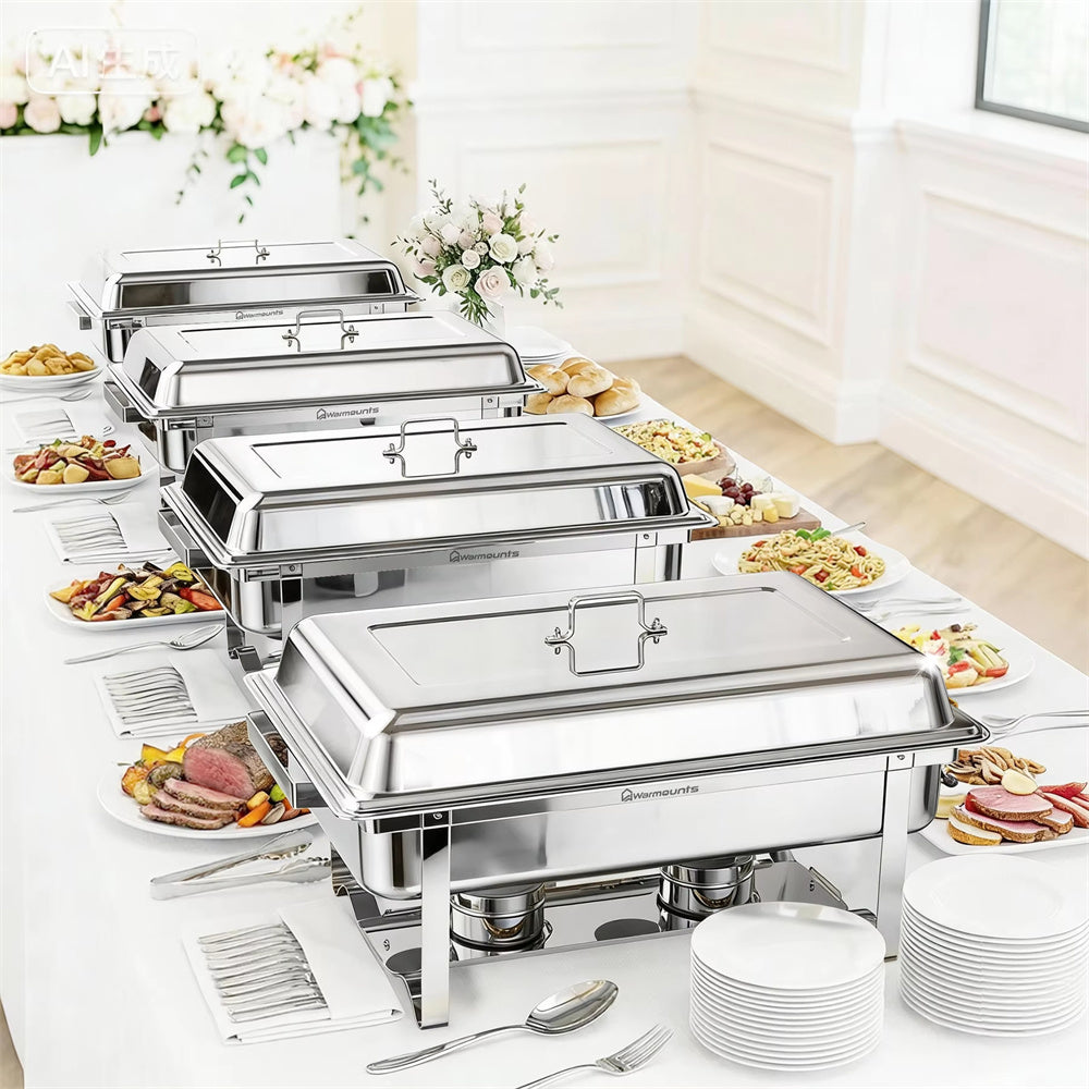 4PCS Warmounts 10L Stainless Steel Square Chafing Dishes for Buffet Chafing Dish Set for Home Parties Christmas Buffet Warmer Set