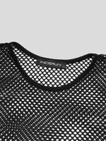 INCERUN Men Fashion Mesh See-through Casual Long Sleeve Hollow Black T-Shirt