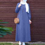 LinkMejor Women Vintage Round Neck Denim Dresses Casual Lantern Sleeve Solid Maxi Dress