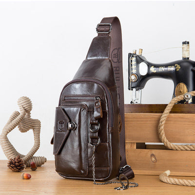 LinkMejor Genuine Leather Men's Chest Bag with Phone Holder Multi-Layer Large Capacity Shoulder Pack Travel Outdoor Comfy Wide Strap Messenger Bag