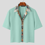 LinkMejor Mens Textured Patchwork Cropped Short Sleeve Shirt Comfortable Fashion Solid Printed Edge Lapel Top
