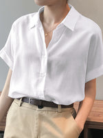 LinkMejor Women Cotton Linen Blouses Solid Button Lapel Roll Sleeve Short Sleeve Casual Shirt Plus Size