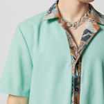 LinkMejor Mens Textured Patchwork Cropped Short Sleeve Shirt Comfortable Fashion Solid Printed Edge Lapel Top