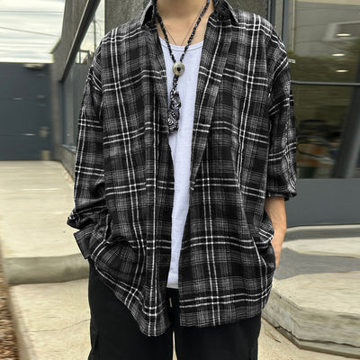 LinkMejor Classic Black White Plaid Design Men's Casual Long Sleeve Shirt, Men's Button Up Shirt for Daily Occasions