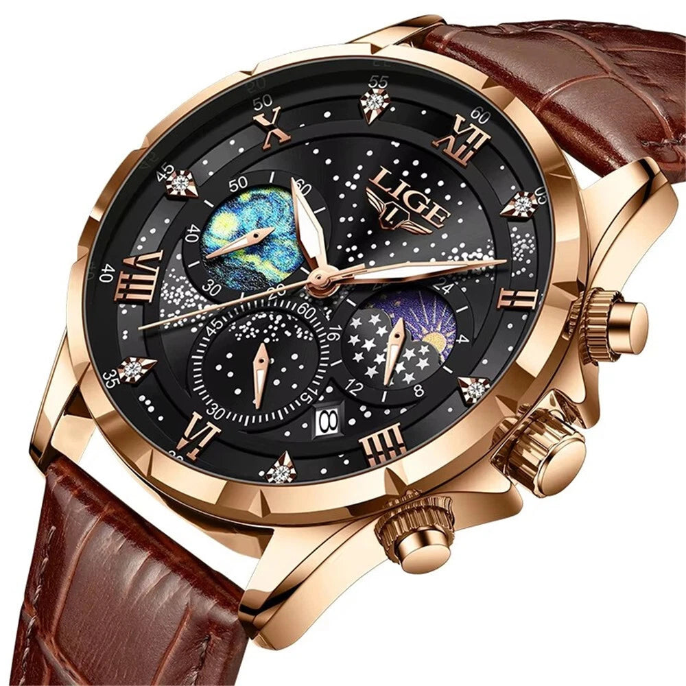 LinkMejor Waterproof Luminous Men's Quartz Watch Leather Strap Sports Wristwatch Male Business Casual Watch Auto Calendar