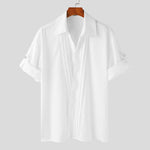 LinkMejor Mens Asymmetrical Pleated Short Sleeve Shirt Casual Solid Color Lapel Top for Male