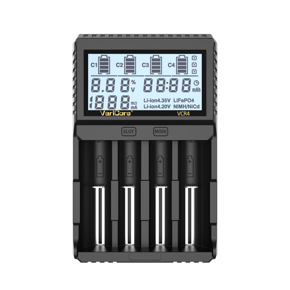 VariCore VCR4 4-Slot Smart Battery Charger for 18650 21700 AA AAA Ni-MH Li-ion LCD Display Capacity Test Adjustable Current