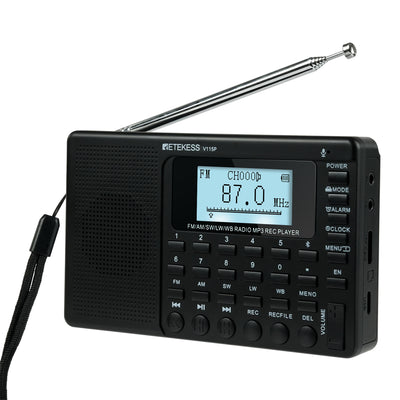 Retekess V115P Portable Bluetooth Radio 5-Band AM FM SW LW WB Flashlight 3 Recording Modes TF Card USB Rechargeable Speaker