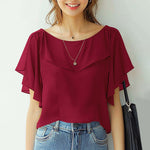 LinkMejor Women's Blouse Elegant Ruffle Sleeve Solid Crew Neck Plain Summer Shirt Pullover Top