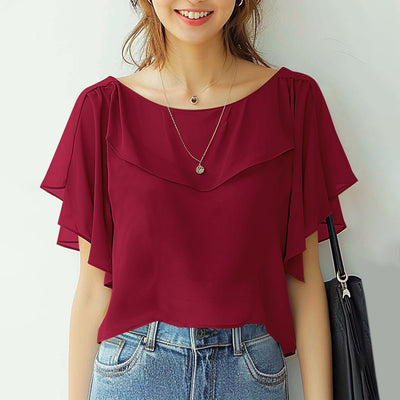 LinkMejor Women's Blouse Elegant Ruffle Sleeve Solid Crew Neck Plain Summer Shirt Pullover Top
