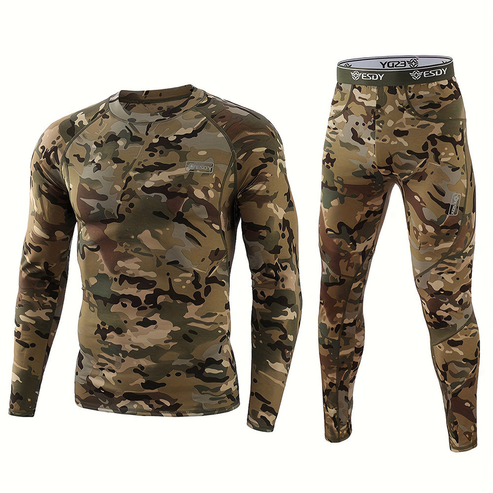 LinkMejor Men's Camouflage Thermal Underwear Set,Long Sleeve Top Pant Sports Warm Suit, Crew Neck, High Stretch Knit Fabric, Outdoor Hiking Base Layer Skinny Fit