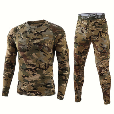 LinkMejor Men's Camouflage Thermal Underwear Set,Long Sleeve Top Pant Sports Warm Suit, Crew Neck, High Stretch Knit Fabric, Outdoor Hiking Base Layer Skinny Fit