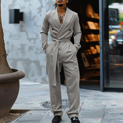 LinkMejor Mens Double-Breasted Long Sleeve Jumpsuit Fashion Solid Color Waist Lace Up Suit Jumpsuit Long Top Pant