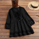 LinkMejor Women's Shirt Solid Lace Blouse Eyelet Lace Patchwork 3/4 Length Sleeve Top Summer Daily Casual Shirts
