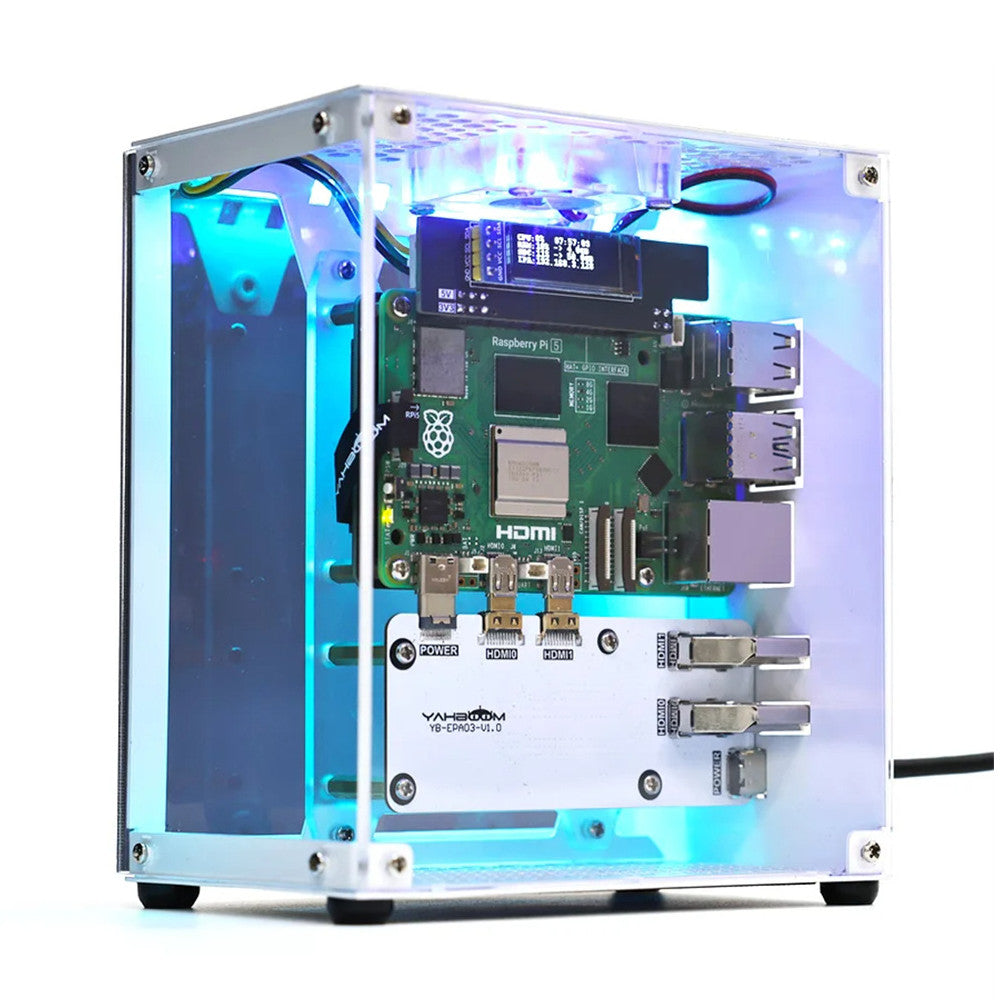 LinkMejor Raspberry Pi 5 Case Protective Kit with Cooling Fan Chassis RGB Color Light 0.96 Screen Dispaly DIY Electronic Shell Host PCIe