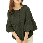 LinkMejor Women Korean Casual Shirt Daily Embroidery Hollow Ruffle Sleeve Blouses